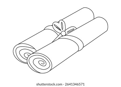 Coloring page with contour drawing of two rolled diplomas tied with ribbon. Education and graduation concept. Back to school symbolism. For entertaining kids, classroom black and white design, DIY.
