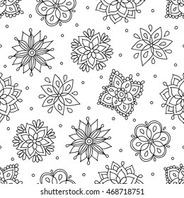 Coloring page with contour drawn flowers. Vector seamless pattern. Perfect for anti-stress therapy, background, texture, textile, coloring books, wrapping paper, wallpaper