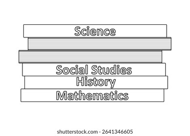 Coloring page contour with stack of textbooks with inscriptions on school for lessons on sciences, social studies, history, and mathematic. For entertaining kids, back to school black and white design