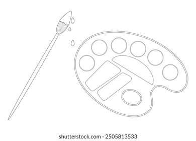 Coloring page with contour vector drawing of paintbrush with dripping paint and artist palette. For entertaining kids, back to school or education black and white design, DIY craft, classroom decor.