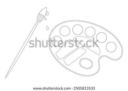 Coloring page with contour vector drawing of paintbrush with dripping paint and artist palette. For entertaining kids, back to school or education black and white design, DIY craft, classroom decor.