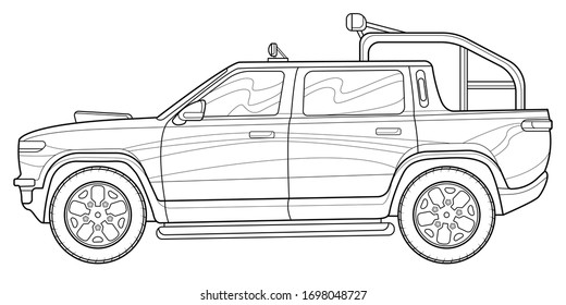 Coloring page contouring for book and drawing. Concept vector illustration. Off road drive vehicle. Graphic element. Car wheel. Black contour sketch illustrate Isolated on white background.