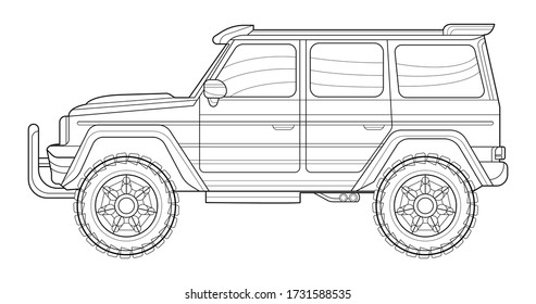 Coloring page contouring for book and drawing. Concept vector illustration. Off road drive vehicle. Graphic element. Car wheel. Black contour sketch illustrate Isolated on white background.