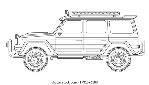 Coloring page contouring for book and drawing. Concept vector illustration. Off road drive vehicle. Graphic element. Car wheel. Black contour sketch illustrate Isolated on white background.