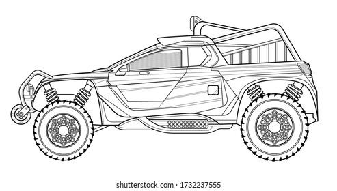 Coloring page contouring for book and drawing. Concept vector illustration. Off road drive vehicle. Graphic element. Car wheel. Black contour sketch illustrate Isolated on white background.