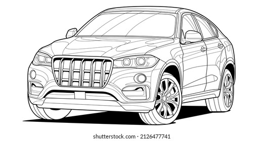 Coloring page contouring for book and drawing. Concept vector illustration. Off-road drive vehicle. Graphic element. Car wheel. Black contour sketch illustrate Isolated on white background.