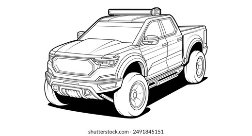 Contorneado de página para colorear para libro y dibujo. Concepto Ilustración vectorial. Vehículo todoterreno. Elemento gráfico. Rueda de coche. Esbozo de contorno negro ilustra Aislado sobre fondo blanco.