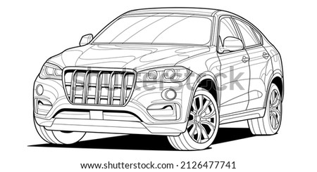 Coloring page contouring for book and drawing. Concept vector illustration. Off-road drive vehicle. Graphic element. Car wheel. Black contour sketch illustrate Isolated on white background.