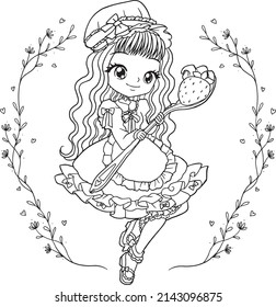 coloring page cook girl kawaii style cute anime cartoon drawing illustration vector doodle