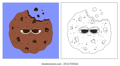 Página de coloração de um personagem de cookie com olhos. Biscoito de chocolate em estilo groovy. Dia Nacional da Sobremesa. Pastéis, doces, sobremesa. Biscoito engraçado linear com olhos e um sorriso