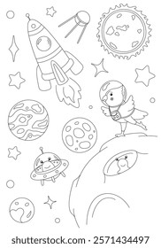 Coloring page with corella parrot astronaut, rocket, moon, aliens and stars. Vector template for children's coloring book, print and poster.