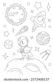 Coloring page with corella parrot astronaut, rocket, moon and stars. Vector template for children's coloring book, print and poster.