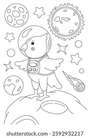 Coloring page with corella parrot astronaut, stars and planets. Vector template for children's coloring book, print and poster.