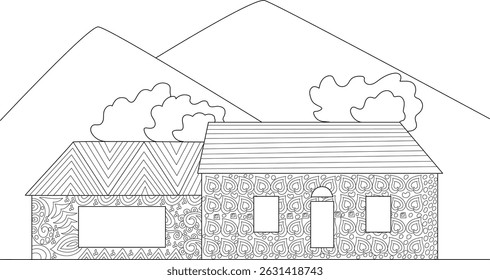 Coloring Page: Countryside Houses Landscape with Patterns, Detailed black and white line art illustration perfect for a coloring book. Features two stylized countryside houses with unique patterns