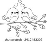 Coloring page a couple birds on the branch tree. Valentine coloring page