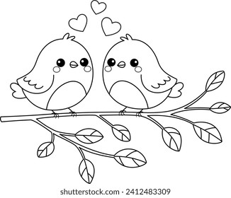 Coloring page a couple birds on the branch tree. Valentine coloring page