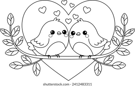 Coloring page a couple birds on the branch tree. Valentine coloring page