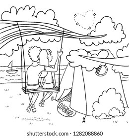coloring page with couple and heart in the sky