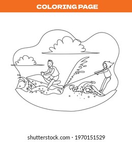 Coloring page of couple jet skiing together for fun, in sea or ocean with summer wave. Fit for promoting about surfing vibes or luxury holiday activity.