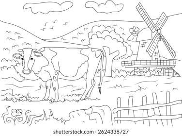 Coloring Page of Cow in Field with Windmill, Black and white line art drawing of a cow standing in a grassy field with a tree, fence, and windmill in the background. Ideal for coloring books or