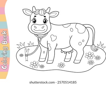 Coloring page cow grazing in the meadow. Coloring book. Coloring page. Vector illustration.