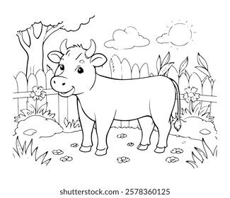 Coloring page of cow for kids coloring book