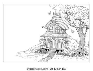 Coloring page with of cozy fairytale house with tree and butterflies. For kids and adults coloring book, kids activities, poster and educational material. Outline vector doodle illustration.
