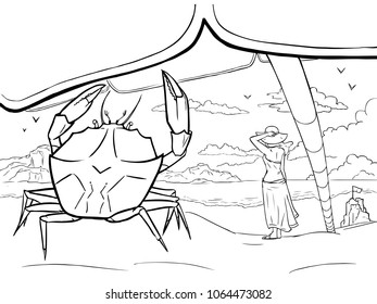 Coloring page - Crab on the beach, girl and sand castle on the beach