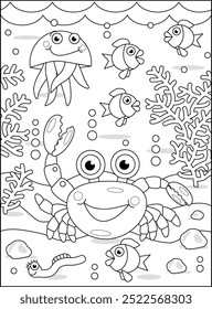 Coloring page with crab and underwater scene of sea life
