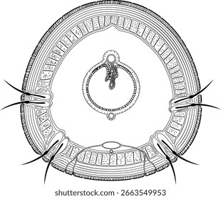 Dibujo para colorear con sección transversal de lombriz de tierra. Diagrama de anatomía interna de lombrices de tierra para lecciones de biología