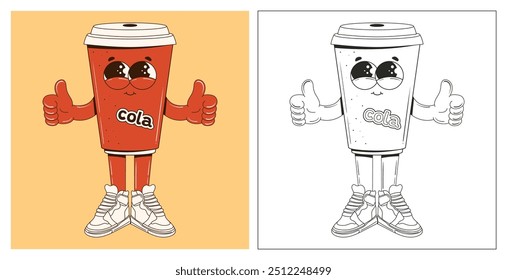 Coloring page of a cup character with eyes, arms, and legs. A fresh drink in a cup in groovy style. Lemonade, soda, coffee, cola, cocoa. Linear groovy cup with a "thumbs up" gesture. Vector