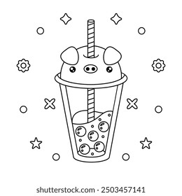 coloring page of a cup shaped like a little pig with bubble tea with different elements for coloring in black and white