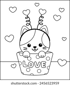 Dibujo para colorear. Cupcake gato en taza de papel. Gato blanco y negro. Coloréame. Ilustración vectorial aislada eps 10