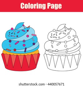 Coloring page with cupcake drawing game for children. Copy colors coloring book for kids