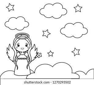 Coloring page with cute angel on clouds. Drawing kids game. Printable activity for children and toddlers Educational children game, drawing activity for toddlers and kids