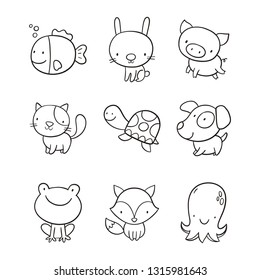 Coloring page with cute animals foe little baby. Frog, fish, bunny, fox, cat, turtle, octopus, dog, pig