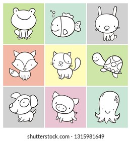 Coloring page with cute animals foe little baby. Frog, fish, bunny, fox, cat, turtle, octopus, dog, pig