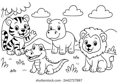 Coloring page of cute animals such as lion, tiger, hippo and crocodile, for kids coloring book