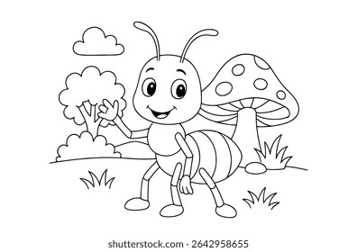Coloring page of cute ant for kids coloring book