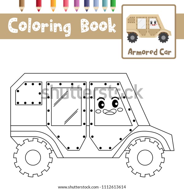 Coloring page of cute Armored Car\
cartoon character side view transportations for preschool kids\
activity educational worksheet. Vector\
Illustration.