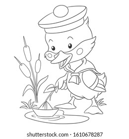 Coloring page with cute baby duck. Cartoon outlined design for nursery poster, t shirt print, kids apparel, greeting card, activity colouring book about animals.