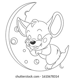 Coloring page with cute baby mouse. Cartoon outlined design for nursery poster, t shirt print, kids apparel, greeting card, activity colouring book about animals.