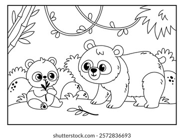 Coloring page with cute baby panda and  mother panda in black and white. Vector illustration with animals in cartoon style.