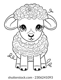 Coloring page of cute baby sheep, Hand drawn vector coloring page of cartoonish Sheep. Coloring page for kids and adults. Print design, t-shirt design, tattoo design, mural art, line art.