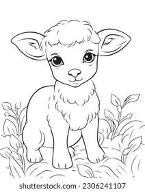 Coloring page of cute baby sheep, Hand drawn vector coloring page of cartoonish Sheep. Coloring page for kids and adults. Print design, t-shirt design, tattoo design, mural art, line art.