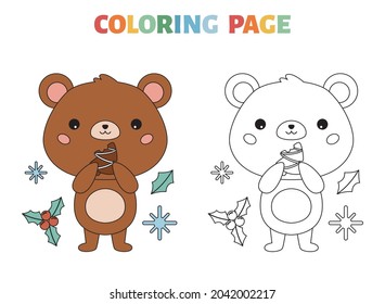 Coloring page with cute bear and Christmas cookie. Cartoon kawaii character. Forest animals. Happy New Year. Vector illustration.