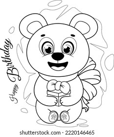 Colorido de la página. Un oso lindo y una caja de regalo