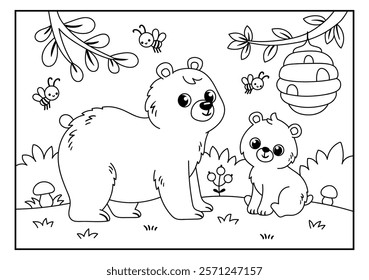 Coloring page with cute bears in black and white. Vector illustration with mother and baby forest animals in cartoon style.