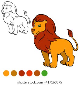 Coloring page. Cute beautiful lion stands and smiles.