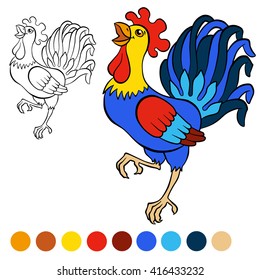 Coloring page. Cute beautiful rooster cries.